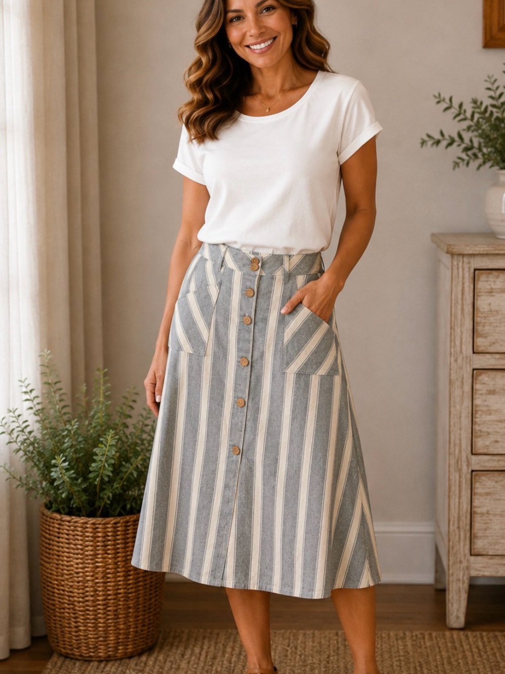 Alya Cream and Blue Striped Button-Front Midi Skirt